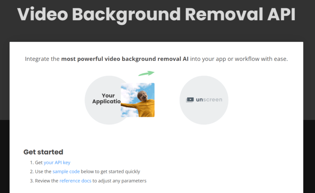 Video background removal API feature of unscreen.com